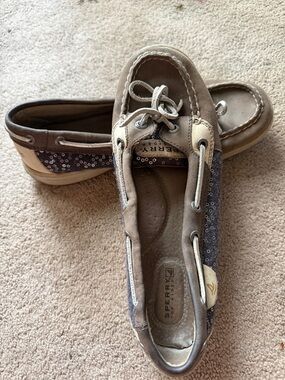 Sperry Women's Tan and Navy Sequin Boat Loafers